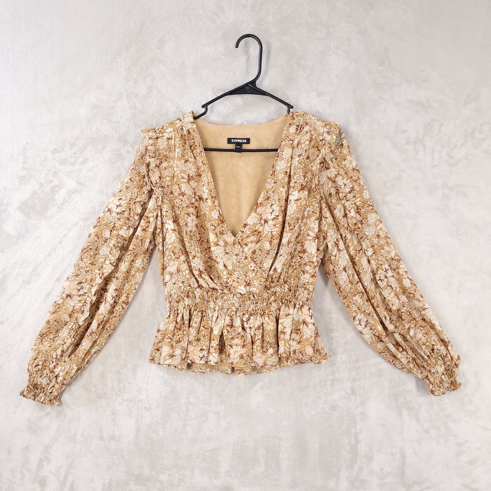 Express Blouse Women S Brown Floral Ruffle Sheer Chiffon V-Neck Boho Babydoll